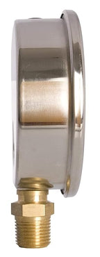 4" Oil Filled Vacuum Pressure Gauge - Stainless Steel Case, Brass, 1/2" NPT, Lower Mount Connection, 30HG/30PSI
