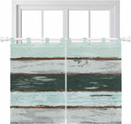 Blue Teal Kitchen Curtains 45 Inch Length, Short Cafe Window Curtains Tab Top, Vintage Wooden Retro Art Farmhouse Barns Light Filtering Window Treatments Tier Drapes 27.5"x45" 2 Panel