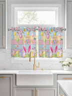 Colorful Easter Half Window Curtains 24 Inches Long, Spring Watercolor Bunny Egg Flower Wood Grain Window Treatment Curtain Drapes, Short Curtains Tiers for Kitchen Over Sink, 27.5"x24", 2 Panels