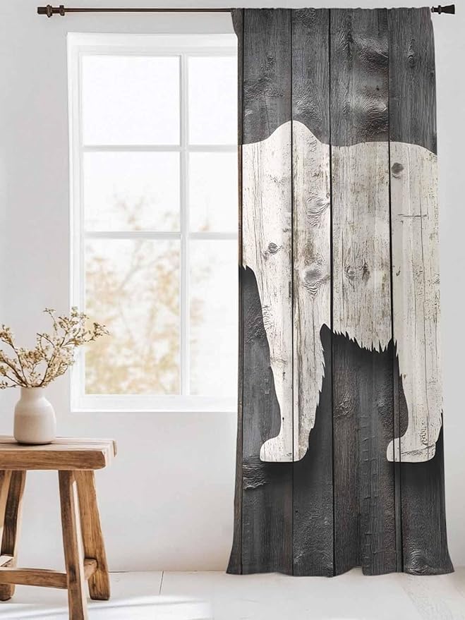 Sheer Curtains 96 Inches Long, Vintage White Brown Bear Semi Sheer Curtains Light Filtering Window Treatment, Retro Country Rustic Wood Grain Privacy Voile Drapes for Living Room Bedroom 52x96 Inch