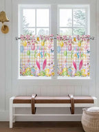 Happy Easter Half Window Curtains 24 Inches Long, Spring Bunny Colorful Eggs Flower Plaid Window Treatment Curtain Drapes, Short Curtains Tiers for Kitchen Over Sink, 27.5"x24", 2 Panels