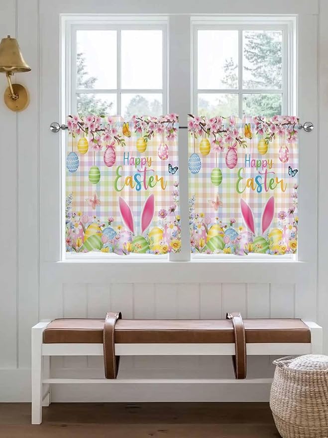 Happy Easter Half Window Curtain 36 Inches Long, Spring Bunny Colorful Eggs Flower Plaid Window Treatment Curtain Drapes, Small Tier Curtains for Bathroom Over Sink, 27.5"x36", 2 Panels