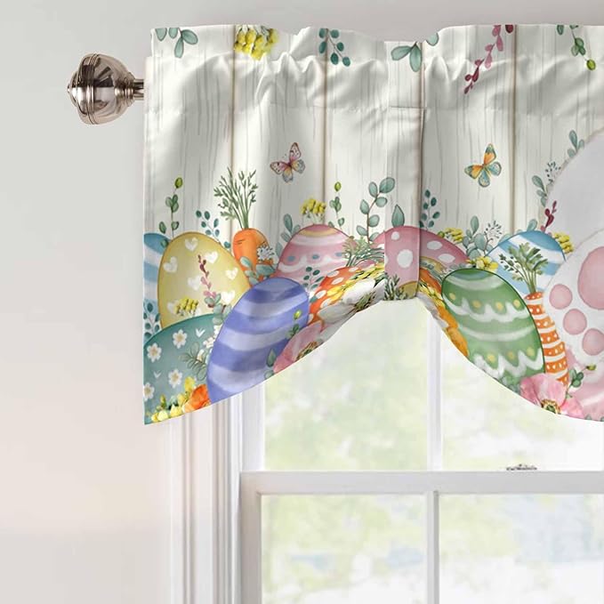 Easter Tie Up Valance Curtains for Windows, Kitchen Curtains Window Shades, Spring Rabbit Ears Foot Colorful Eggs Leaf Floral Light Filtering Roman Curtain Valances for Bedroom/Bathroom/Cafe 42"x18"