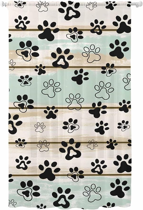 Sheer Curtains 84 Inches Long, Sage Green Beige Farmhouse Semi Sheer Curtains Light Filtering Window Treatment, Black Dog Paw Vintage Wooden Privacy Voile Drapes for Living Room Bedroom 52x84 Inch