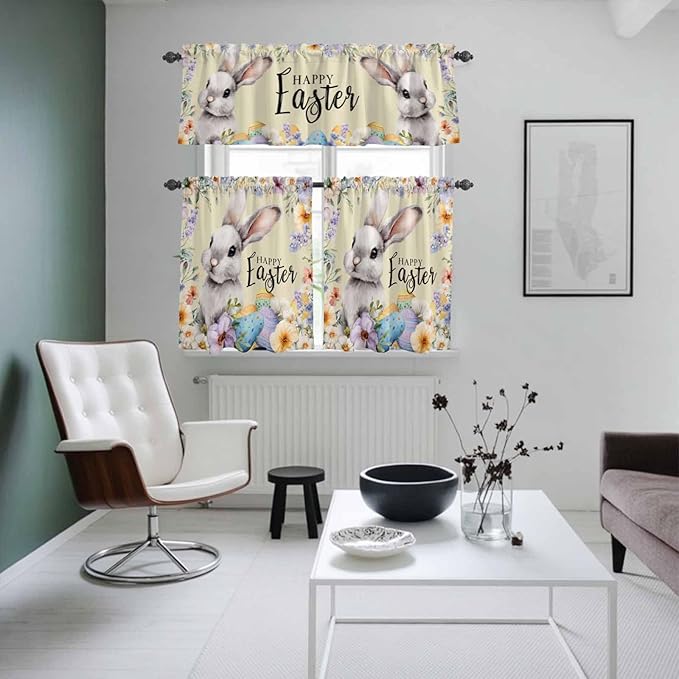 Happy Easter Kitchen Curtains Set 3 Piece for Windows,Rod Pocket Valance and Tier Set 36 Inch Length,Spring Grey Bunny Colorful Eggs Flower Brown Light Filtering Cafe Curtains for Living Room