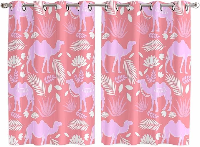2 Panel Kitchen Cafe Curtains, Desert Camel Sunlight Filtering Nature Air Through, Window Decor Tier Curtains for Living Room 104W x 63L inch Vintage Sand Camel Leaves Flower Pattern Pink