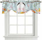 Easter Bunny Tie Up Valance Curtains for Windows, Kitchen Curtains Window Shades, Easter Eggs Spring Farmhouse Wood Grain Teal Blue Light Filtering Curtain Valances for Bedroom/Bathroom/Cafe 60"x18"