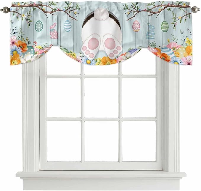 Easter Bunny Tie Up Valance Curtains for Windows, Kitchen Curtains Window Shades, Easter Eggs Spring Farmhouse Wood Grain Teal Blue Light Filtering Curtain Valances for Bedroom/Bathroom/Cafe 54"x18"