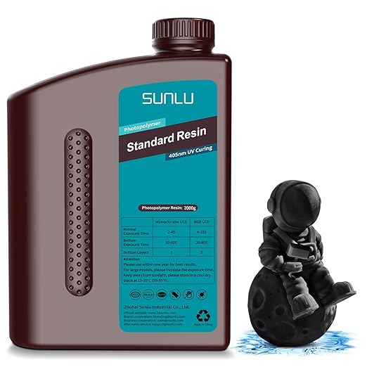 SUNLU 3D Printer Resin 2kg, Fast Curing Standard 3D Resin for LCD DLP SLA Resin 3D Printers, 395 to 405nm UV Curing 3D Printing Liquid Photopolymer Resin, Low Shrinkage, High Precision, 2000g, Black