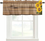 Kitchen Valances for Window, Farm Sunflower on Vintage Wood Grain Light Filtering Rod Pocket Valance Curtain, Spring Country Plant Short Curtains Window Topper for Bedroom Living Room 42x12in