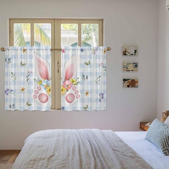 Easter Kitchen Curtains 45 Inch Long 2 Panel Set, Rod Pocket Window Treatment, Spring Rabbits Ears Feet Floral Blue Lattice Light Filtering Panels Short Drapes for Bathroom Camper 42"W x 45"L