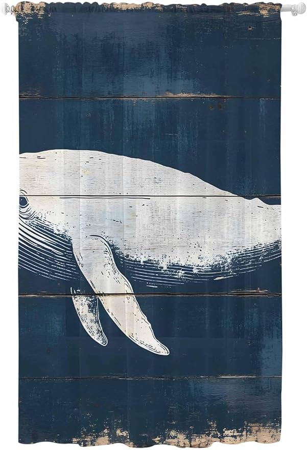 Sheer Curtains 108 Inches Long, Ocean Whale Blue Semi Sheer Curtains Light Filtering Window Treatment, Watercolor Coastal Vintage Wood Grain Privacy Voile Drapes for Living Room Bedroom 52x108 Inch