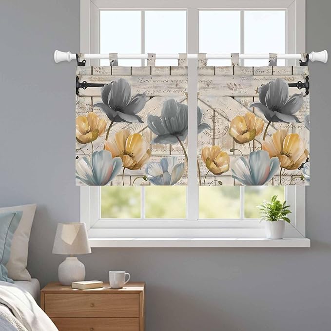 Spring Tulips Flower Kitchen Curtains 36 Inch Length, Small Window Curtains Tab Top, Vintage Floral Barn Doors Rustic Beige Light Filtering Short Window Treatments Tier Drapes 27.5"x36" 2 Panel