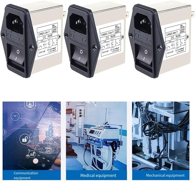IEC Power Filter, Inlet Power Socket, IEC Socket Power Filter with Built-in Fuse and Rocker Switch, Noise Suppression, Compatible with CW2C-3A-T/CW2B-6A-T/CW2B-10A-T (CW2C-10A-T)