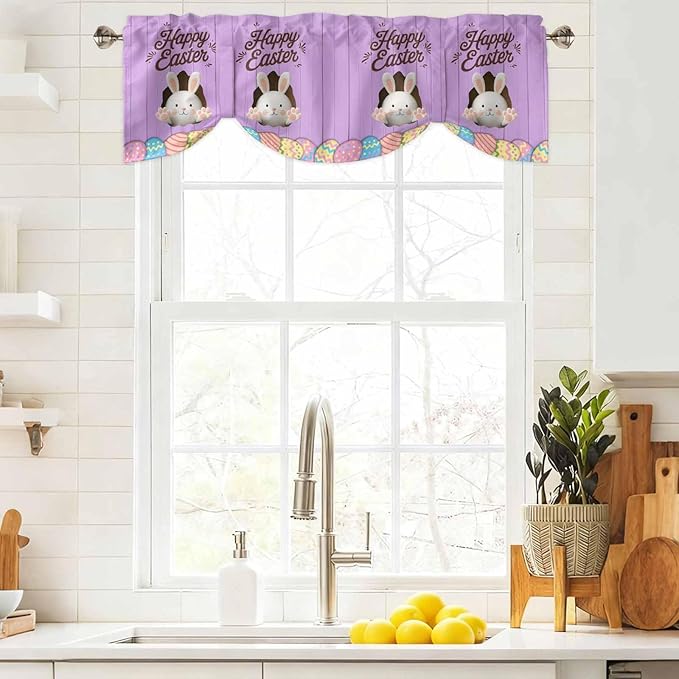 Purple Easter Tie Up Valance Curtains for Windows, Kitchen Curtains Window Shades, Spring Cartoon Bunny Colorful Eggs Wood Grain Light Filtering Curtain Valances for Bedroom/Bathroom/Cafe 42"x12"