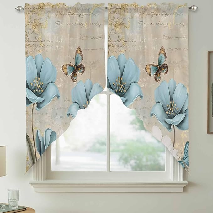 Spring Flowers Swag Valances for Windows, Vintage Rustic Tulips Floral Butterfly Khaki Rod Pocket Kitchen Curtains Valance, Kitchen Window Curtains Swag for Cafe Living Room, 2 Panels, 36x45 inch