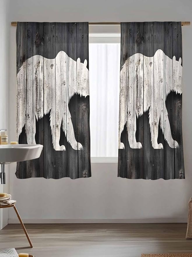 Sheer Curtains 72 Inches Long, White Brown Bear Semi Sheer Curtains Light Filtering Window Treatment, Farmhouse Country Rustic Wooden Grain Privacy Voile Drapes for Living Room Bedroom 52x72 Inch
