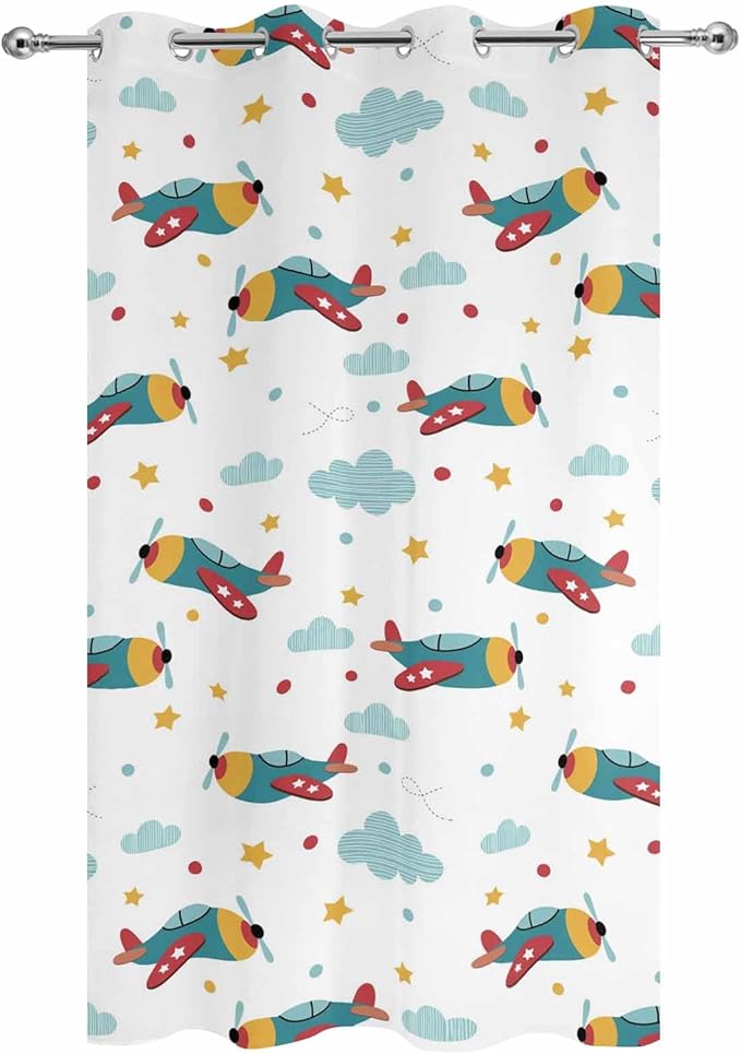 Turquoise Airplane Waterproof Outdoor Curtains for Patio, Windproof Weatherproof Curtains with Weighted Hem, Modern Art Cartoon Aircraft Clouds Light Filtering Privacy Drapes for Porch 54"x 84"