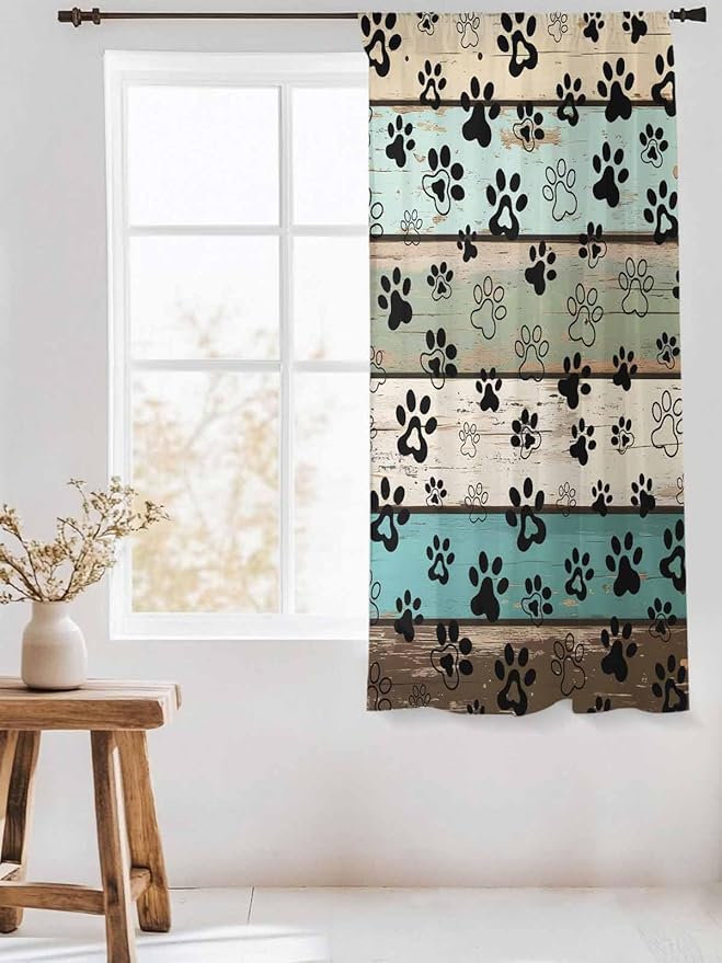 Sheer Curtains 63 Inch Length, Sage Green Brown Paw Prints Semi Sheer Curtains Light Filtering Window Treatment, Vintage Farmhouse Wooden Grain Privacy Voile Drapes for Living Room Bedroom 52x63 Inch