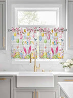 Happy Easter Half Window Curtain 36 Inches Long, Spring Watercolor Bunny Eggs Flower Grey Plaid Window Treatment Curtain Drapes, Small Tier Curtains for Bathroom Over Sink, 27.5"x36", 2 Panels