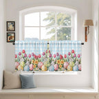 Easter Kitchen Tier Curtains 24 Inch Long 2 Panel Set,Rod Pocket Cafe Small Window Curtains Over Sink,Spring Bunny Colorful Eggs Tulip Flowers Blue Check Light Filtering Short Drapes 27.5"W x 24"L