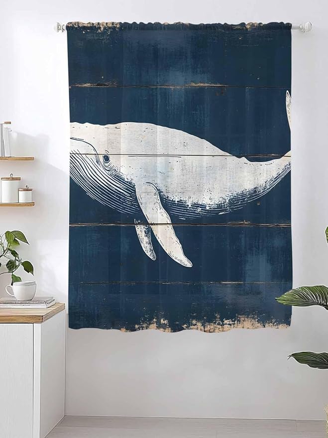 Sheer Curtains 72 Inches Long, Ocean Whale Blue Semi Sheer Curtains Light Filtering Window Treatment, Watercolor Coastal Vintage Wood Grain Privacy Voile Drapes for Living Room Bedroom 52x72 Inch