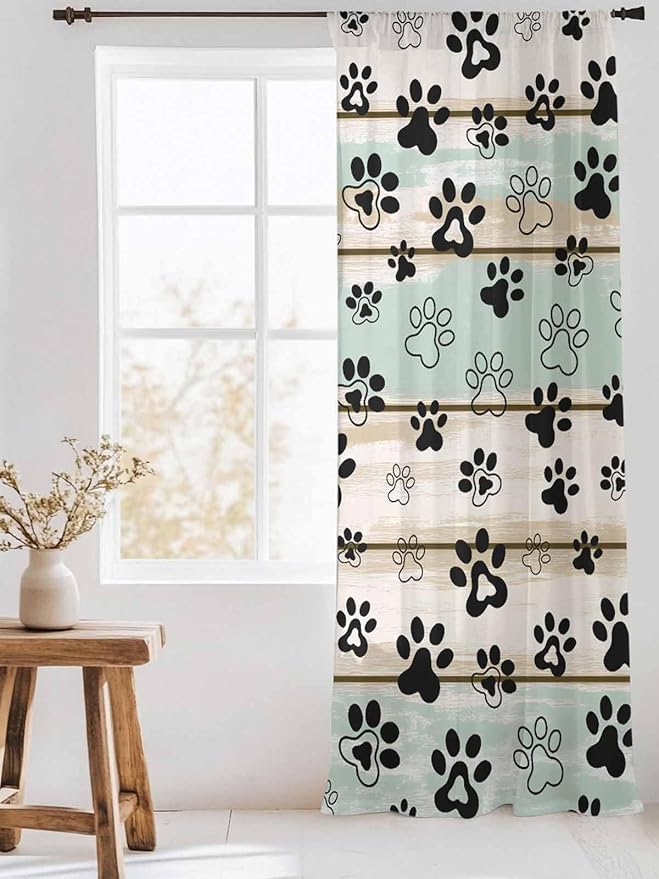 Sheer Curtains 108 Inches Long, Sage Green Beige Farmhouse Semi Sheer Curtains Light Filtering Window Treatment, Black Dog Paw Vintage Wooden Privacy Voile Drapes for Living Room Bedroom 52x108 Inch