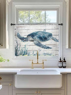 Sheer Curtains 54 Inch Length, Ocean Sea Turtle Semi Sheer Curtains Light Filtering Window Treatment, Coastal Seaweed Vintage Wood Grain Privacy Voile Drapes for Living Room Bedroom 52x54 Inch
