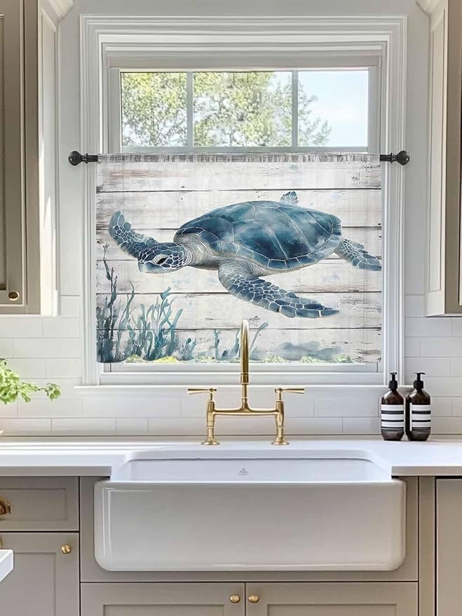 Sheer Curtains 45 Inch Length, Ocean Sea Turtle Semi Sheer Curtains Light Filtering Window Treatment, Coastal Seaweed Vintage Wood Grain Privacy Voile Drapes for Living Room Bedroom 52x45 Inch