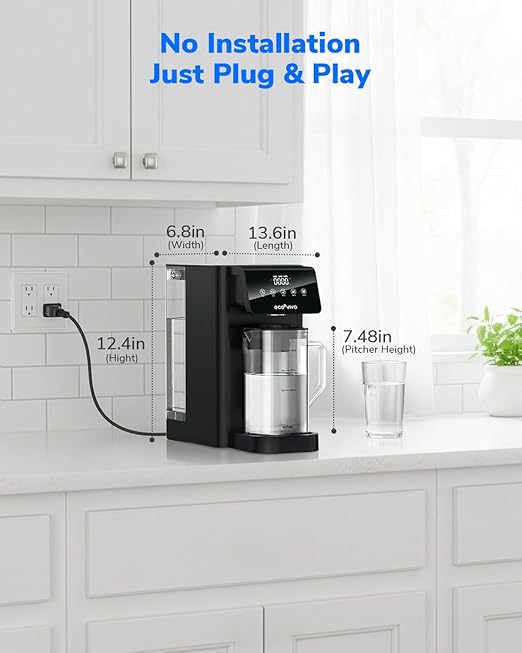 Ecoviva Mate 5 Countertop Reverse Osmosis Water Filter, 8-Stage RO Water Filtration System with 40 oz Water Pitcher, Alkaline Mineralization pH+, Compact Design, Meets NSF/ANSI 58 Standard, Black