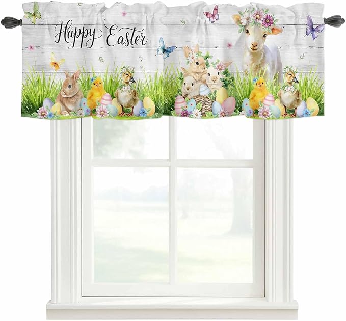 Easter Curtain Valances for Windows, Kitchen Valance Window Treatment, Spring Sheep Bunny Duck Plants Wooden Grain Light Filtering Block Curtains for Bathroom/Bedroom/Living Room 54'' x 18''