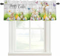 Easter Curtain Valances for Windows, Kitchen Valance Window Treatment, Spring Sheep Bunny Duck Plants Wooden Grain Light Filtering Block Curtains for Bathroom/Bedroom/Living Room 42'' x 12''