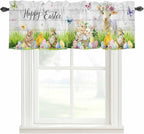 Easter Curtain Valances for Windows, Kitchen Valance Window Treatment, Spring Sheep Bunny Duck Plants Wooden Grain Light Filtering Block Curtains for Bathroom/Bedroom/Living Room 60'' x 18''