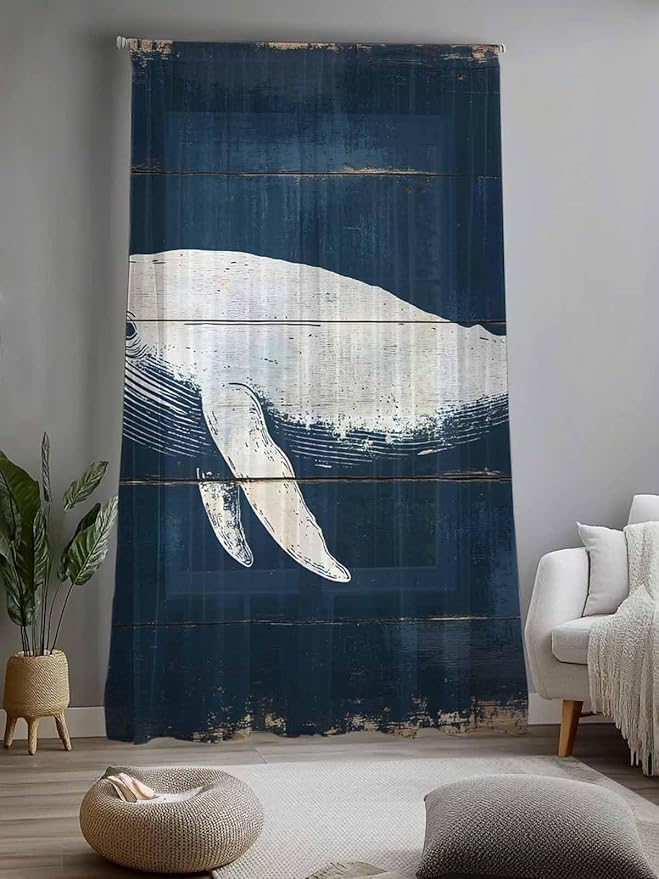Sheer Curtains 84 Inches Long, Ocean Whale Blue Semi Sheer Curtains Light Filtering Window Treatment, Watercolor Coastal Vintage Wood Grain Privacy Voile Drapes for Living Room Bedroom 52x84 Inch