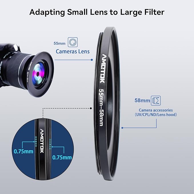 55mm Lens to 58mm Camera Lens Adapter,55mm to 58mm Filter Step-Up Adapter Ring,Compatible All 58mm Filter Accessory