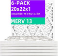 20x22x1 MERV 13 (6-Pack) Air Filter (Actual Size: 19.75"x21.75"x0.75") MPR 1900 & FPR 10, Furnace Air Filters, 20x22x1 air filter