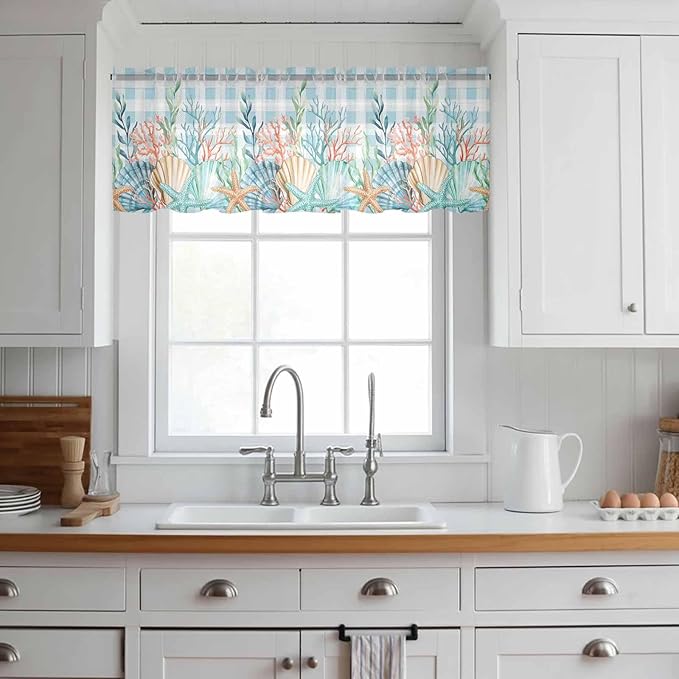 Summer Beach Sheer Valance Curtains, Ocean Colorful Coral Shell Seaweed Starfish Blue Plaid Light Filtering Kitchen Valances Rod Pocket Voile Curtain Treatment for Bedroom/Living Room/Basement 42Wx18L