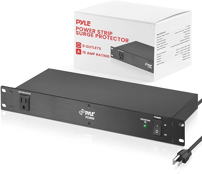 Pyle 150J Surge Protector Power Strip - 9 Outlet - 15 Amp - 1U Rack Mount with AC Filter - Heavy Duty Extension Cord - Overload Protection for Home/Office/Server Use - PCO850