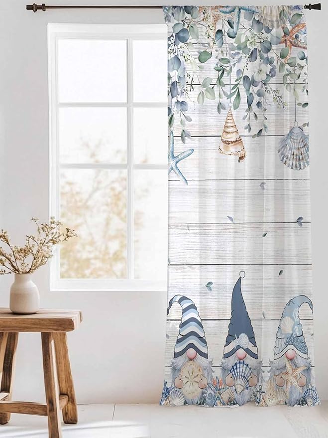 Sheer Curtains 108 Inches Long, Coastal Eucalyptus Leaf Semi Sheer Curtains Light Filtering Window Treatment, Ocean Blue Gnomes Starfish Wood Grain Privacy Voile Drapes for Living Room 52x108 Inch