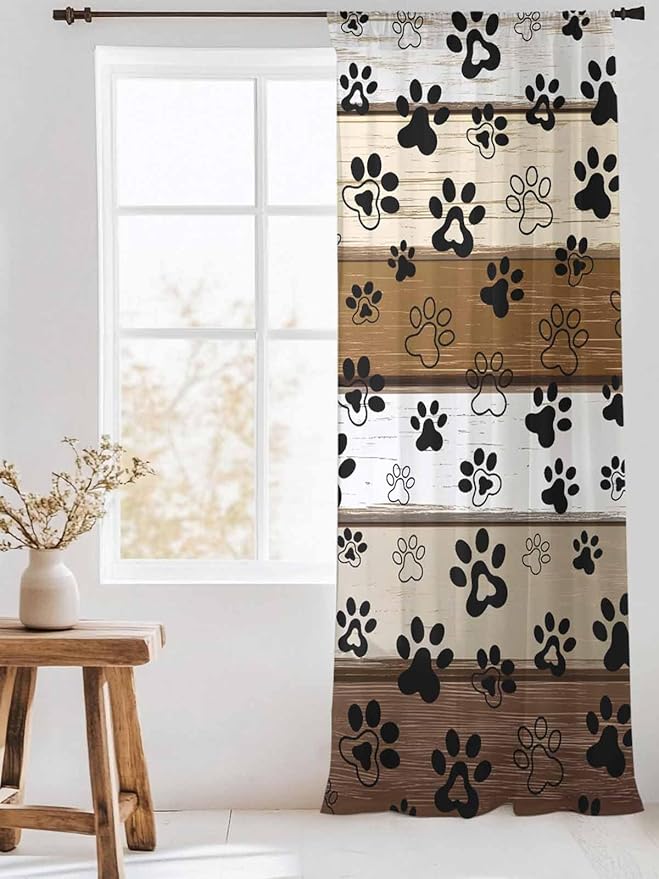 Sheer Curtains 84 Inches Long, Brown Beige Farmhouse Semi Sheer Curtains Light Filtering Window Treatment, Black Dog Paw Vintage Wooden Privacy Voile Drapes for Living Room Bedroom 52x84 Inch