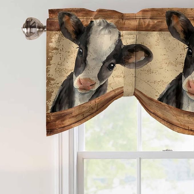 Farmhouse Cow Tie Up Valance Curtains for Windows, Kitchen Curtains Window Shades, Country Vintage Animals Wooden Grain Light Filtering Roman Curtain Valances for Bedroom/Bathroom/Cafe 42"x12"