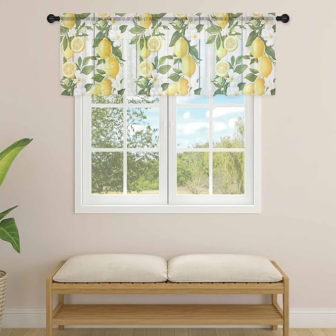 Spring Summer Lemon Sheer Valance Curtains, Leaf Flower White Wood Grain Light Filtering Kitchen Valances Rod Pocket Voile Curtain Window Treatment for Bedroom/Living Room/Basement 60Wx18L