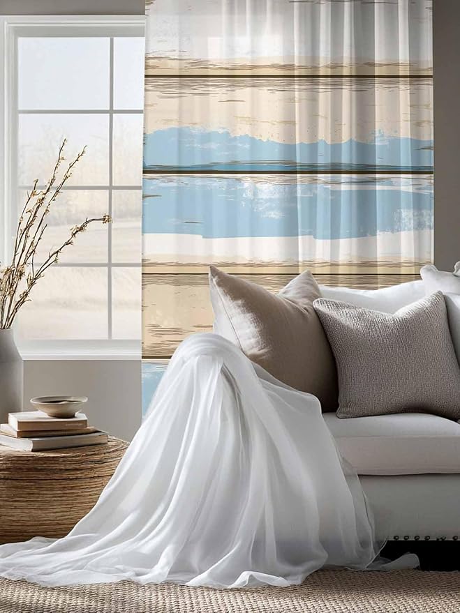 Sheer Curtains 72 Inches Long, Vintage Geometric Blue Semi Sheer Curtains Light Filtering Window Treatment, Abstract Country Shabby Wood Grain Privacy Voile Drapes for Living Room Bedroom 52x72 Inch