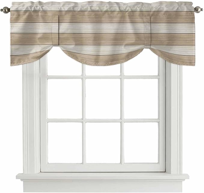 Brown Ombre Wooden Tie Up Valance Curtains for Windows, Kitchen Curtains Window Shades, Farmhouse Retro Khaki Wood Light Filtering Roman Curtain Valances for Bedroom/Bathroom/Cafe 60"x18"