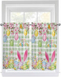Happy Easter Tier Curtains 45 Inches Long, Spring Bunny Eggs Flower Sage Green Plaid Window Treatment Curtain Drapes, Small Curtain Drapes for Bathroom Laundry Room, 27.5"x45", 2 Panels