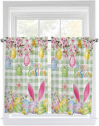 Happy Easter Tier Curtains 45 Inches Long, Spring Bunny Eggs Flower Sage Green Plaid Window Treatment Curtain Drapes, Small Curtain Drapes for Bathroom Laundry Room, 27.5"x45", 2 Panels