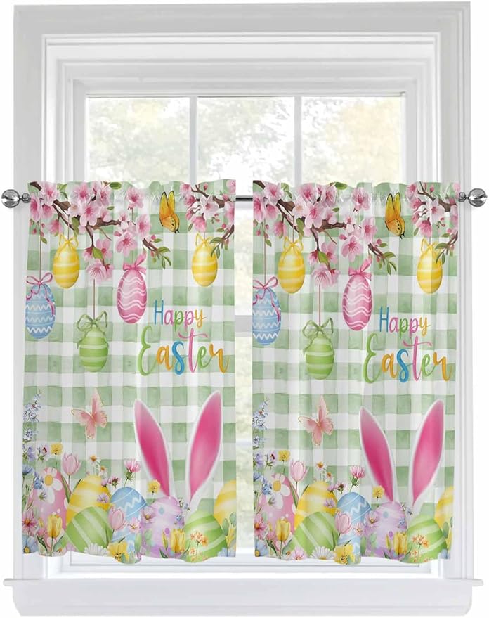 Happy Easter Tier Curtains 45 Inches Long, Spring Bunny Eggs Flower Sage Green Plaid Window Treatment Curtain Drapes, Small Curtain Drapes for Bathroom Laundry Room, 27.5"x45", 2 Panels