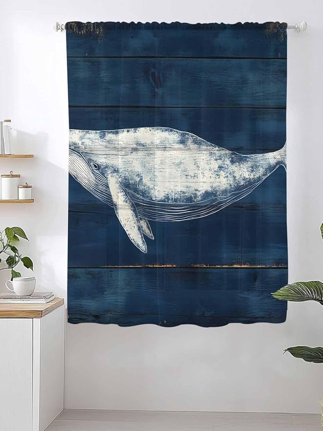 Sheer Curtains 72 Inches Long, Summer Whale Semi Sheer Curtains Light Filtering Window Treatment, Ocean Watercolor Wooden Grain Blue Privacy Voile Drapes for Living Room Bedroom 52x72 Inch