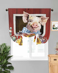 Tie Up Curtains for Windows, Pig Sunflowers Adjustable Balloon Nature Linen Textured Kitchen Curtain, Eucalyptus Leaves Floral Bees Red Barn Privacy Curtains Balloon Blind for Cafe, 42 x 63 Inches