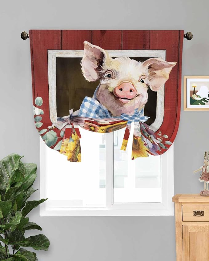 Tie Up Curtains for Windows, Pig Sunflowers Adjustable Balloon Nature Linen Textured Kitchen Curtain, Eucalyptus Leaves Floral Bees Red Barn Tie Up Blackout Curtains for Bedroom, 52 x 63 Inches